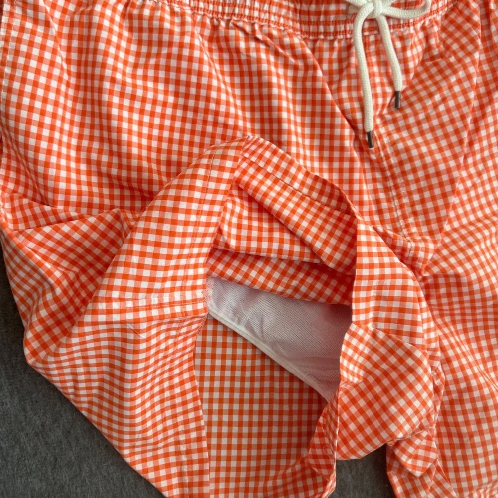 NEW Polo Ralph Lauren Swim Trunks Men 4XB Orange Gingham Check Drawstring NWT